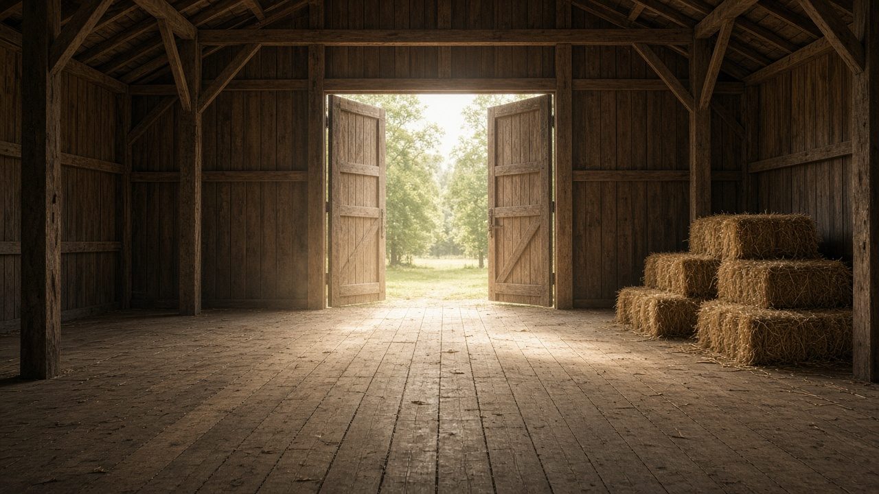 Empty timber barn with open doors and daylight on the wood floor