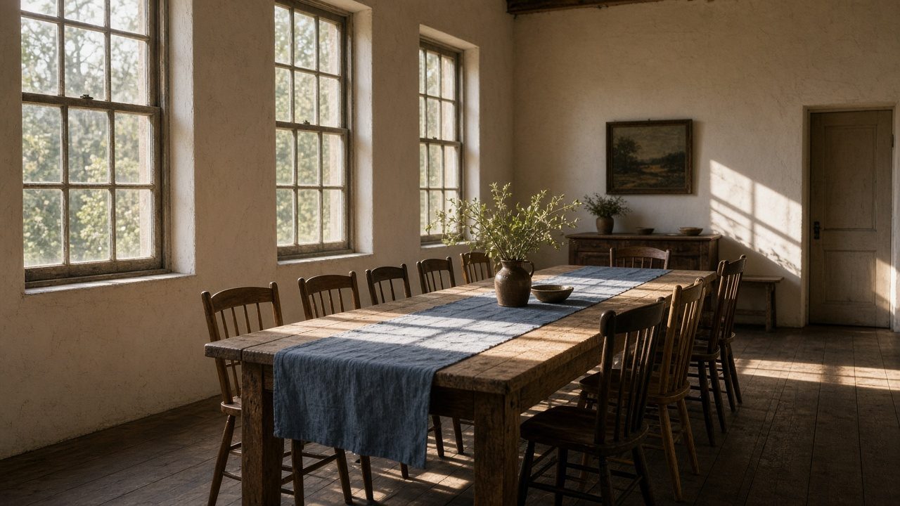 Event hall with a long table, mismatched chairs, and tall windows