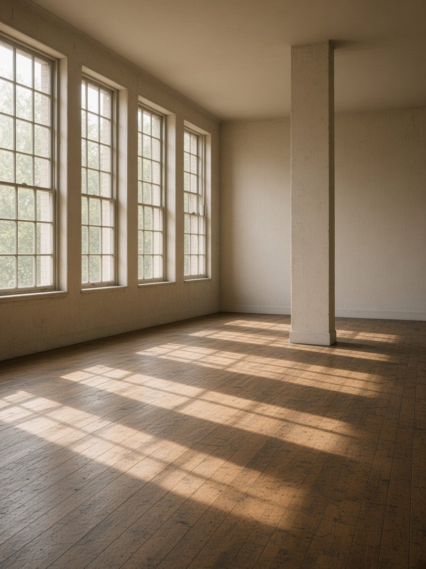 Empty loft with tall windows, a wood floor, and a plaster column