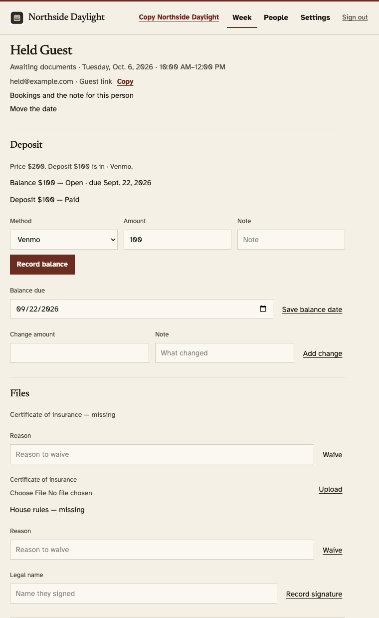 A booking page with the deposit marked paid, a balance still open, and the certificate missing