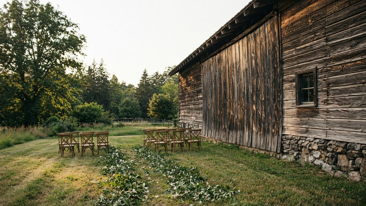 Wooden chairs and a low runner of flowers beside a barn, no people